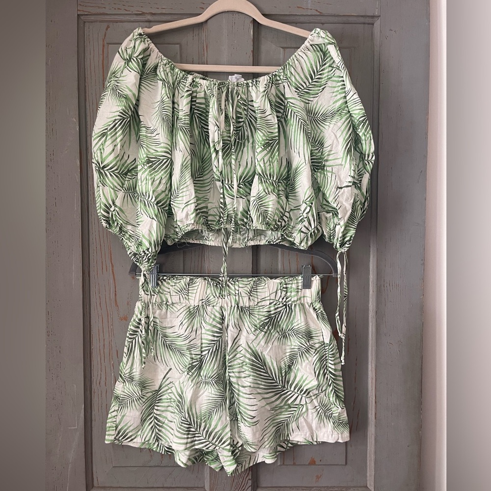 Sigrid Olsen Green Leaf Print Linen Set